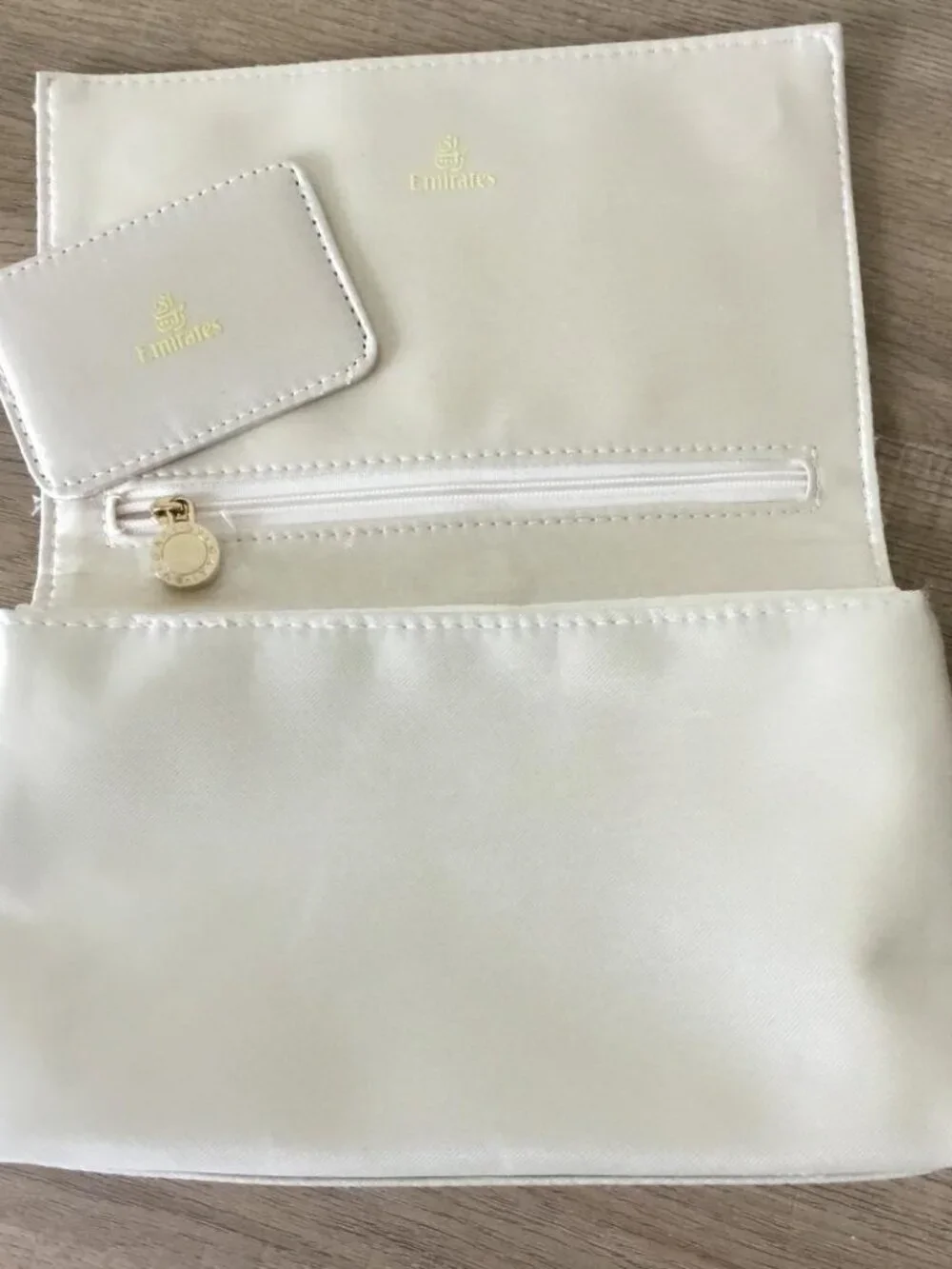 Bvlgari Cosmetic Bag Clutch w/Mirror Satin Cream Pouch Branded Metal Ring NWOT